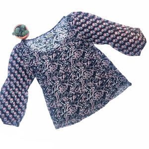LUCKY BRAND PINK BLUE PAISLEY MIXED FLORAL PRINT 3/4 SLEEVES FLOWY TOP SIZE XS